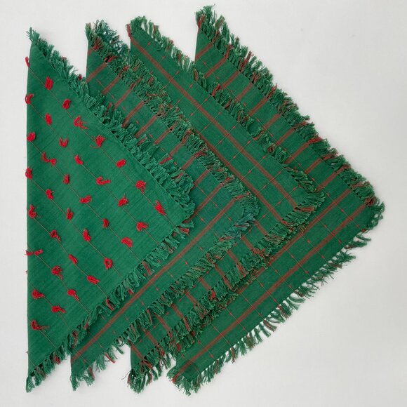 4 Cloth Napkins Green Red‎ Fringe Square Christmas Holiday One Unique Striped - Picture 1 of 15